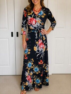 Navy Floral Faux Wrap Maxi Dress, Small